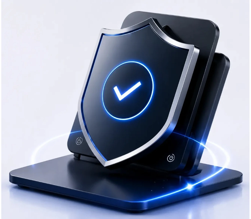 An ODYX device on its base behind a glowing shield with a checkmark