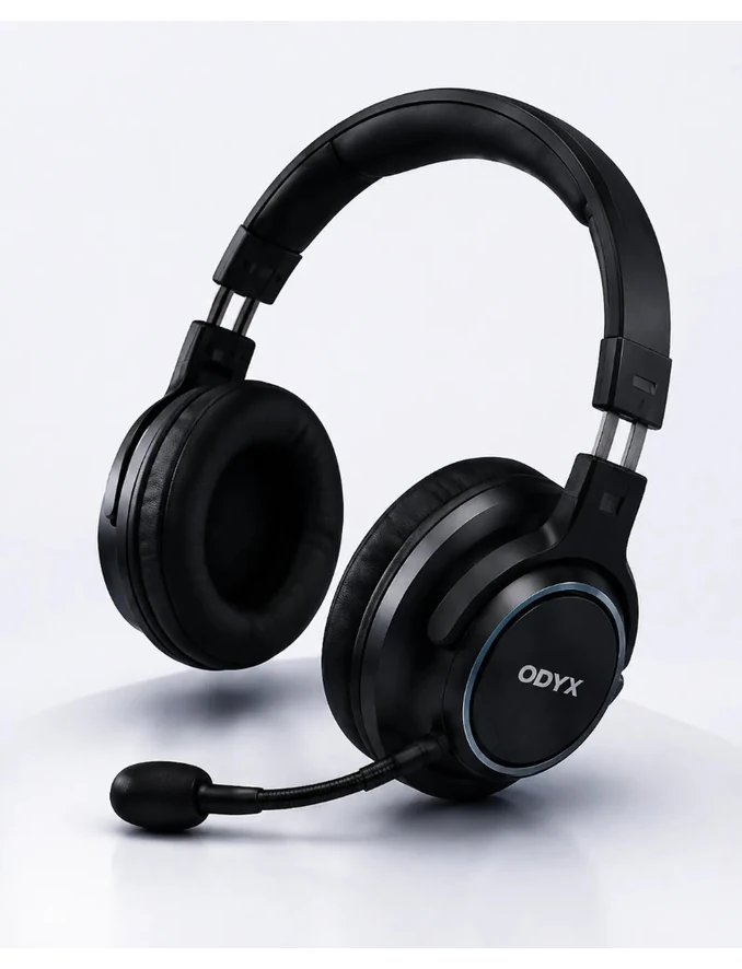 An ODYX support headset with a boom microphone on a lit display pedestal